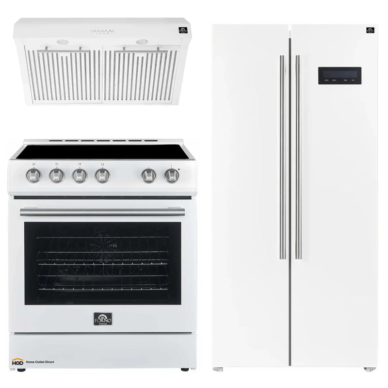 Forno Espresso 3-Piece Appliance Package - 30-Inch Electric Range with 5.0 Cu.Ft. Electric Oven, Built-In Refrigerator, and Under Cabinet Range Hood in White with Stainless Steel Trim