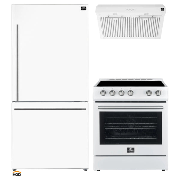 Forno 3-Piece Appliance Package - 30-Inch Espresso Electric Range, Under Cabinet Range Hood, & 31-Inch Refrigerator in White with Stainless Steel Handle