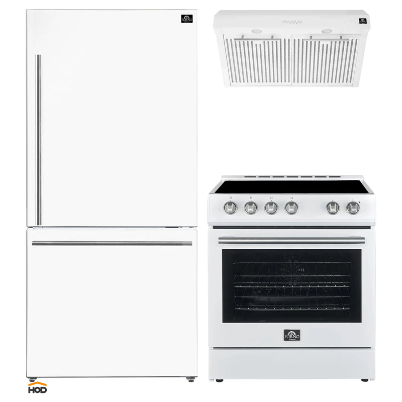 Forno 3-Piece Appliance Package - 30-Inch Espresso Electric Range, Under Cabinet Range Hood, & 31-Inch Refrigerator in White with Stainless Steel Handle