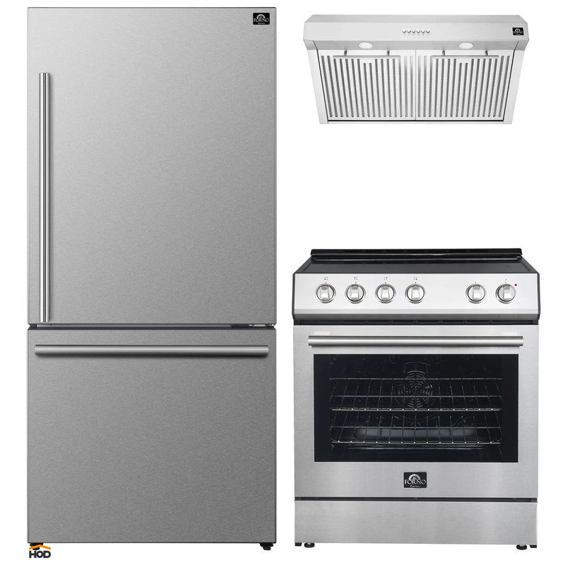 Forno 3-Piece Appliance Package - 30-Inch Espresso Electric Range, Under Cabinet Range Hood, & 31-Inch Refrigerator in Stainless Steel