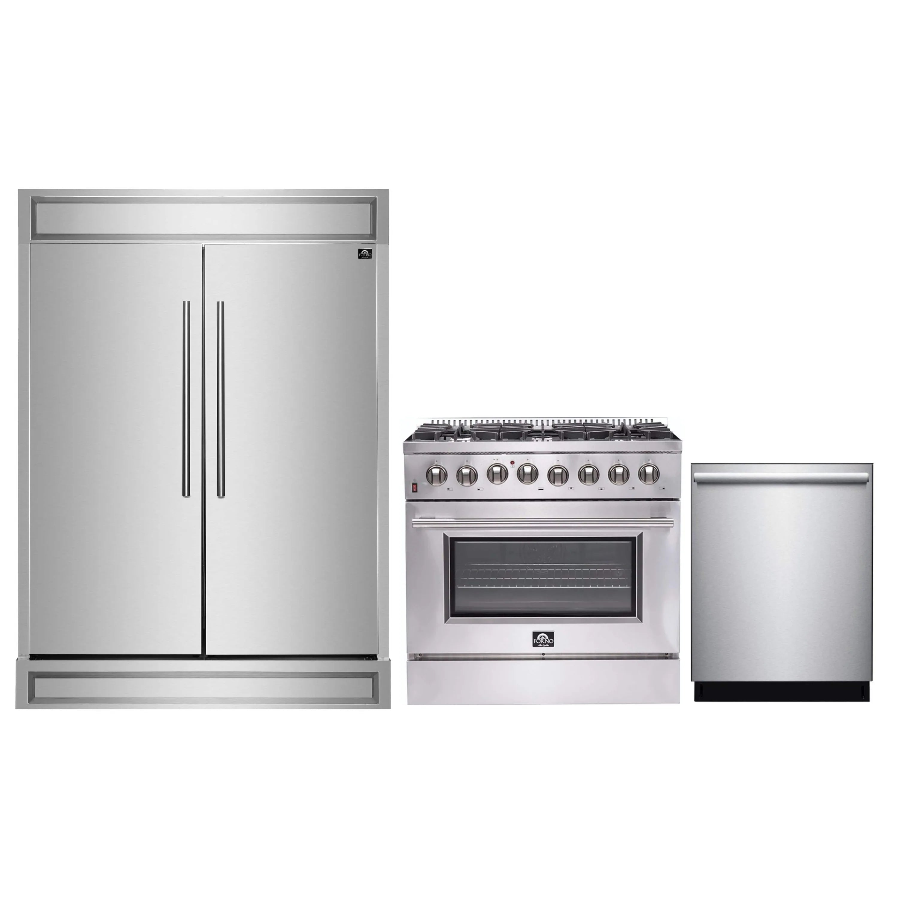 Forno 3-Piece Appliance Package - 36-Inch Dual Fuel Range, Pro-Style Refrigerator, and Dishwasher in Stainless Steel