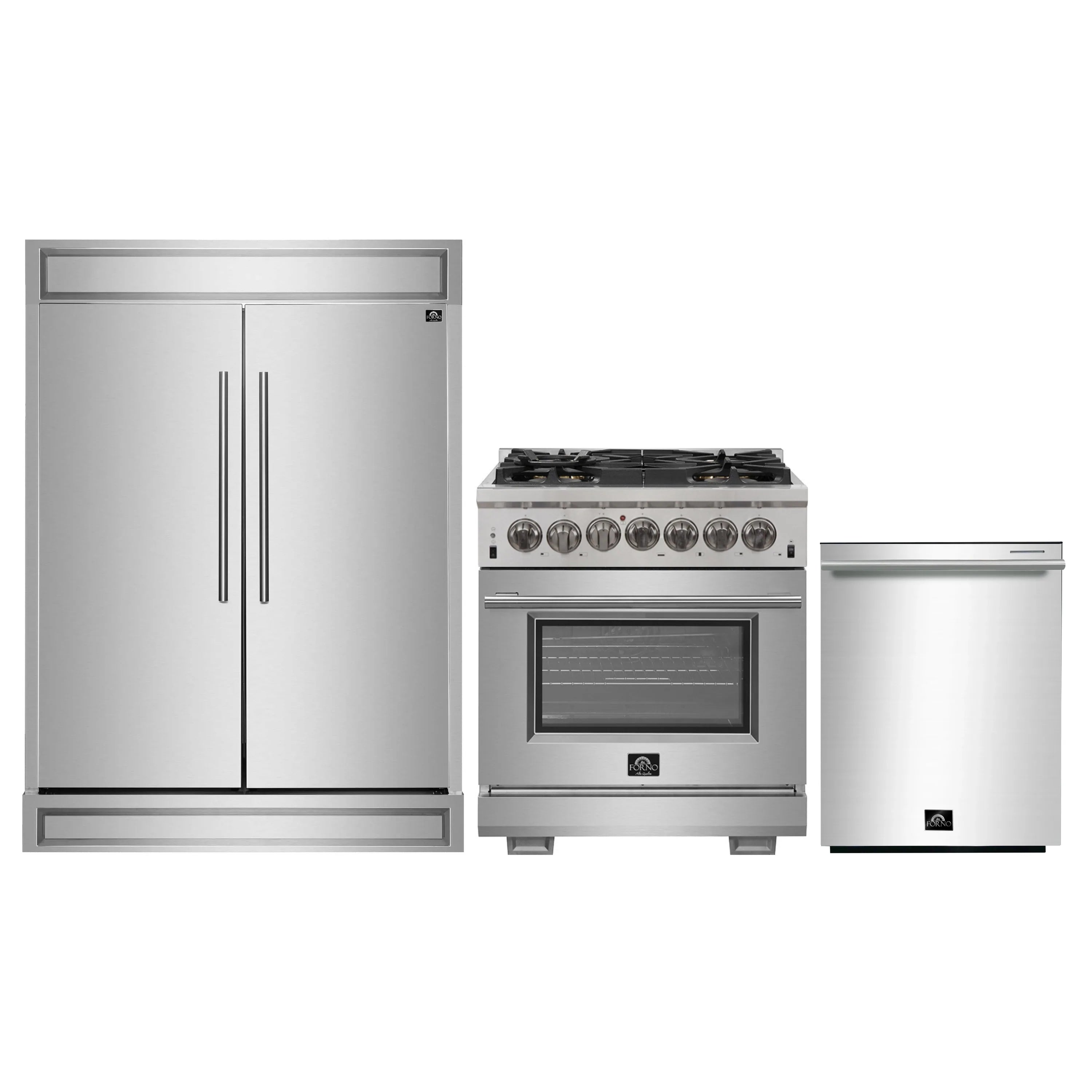 Forno 3-Piece Pro Appliance Package - 30-Inch Dual Fuel Range, Pro-Style Refrigerator, and Dishwasher in Stainless Steel