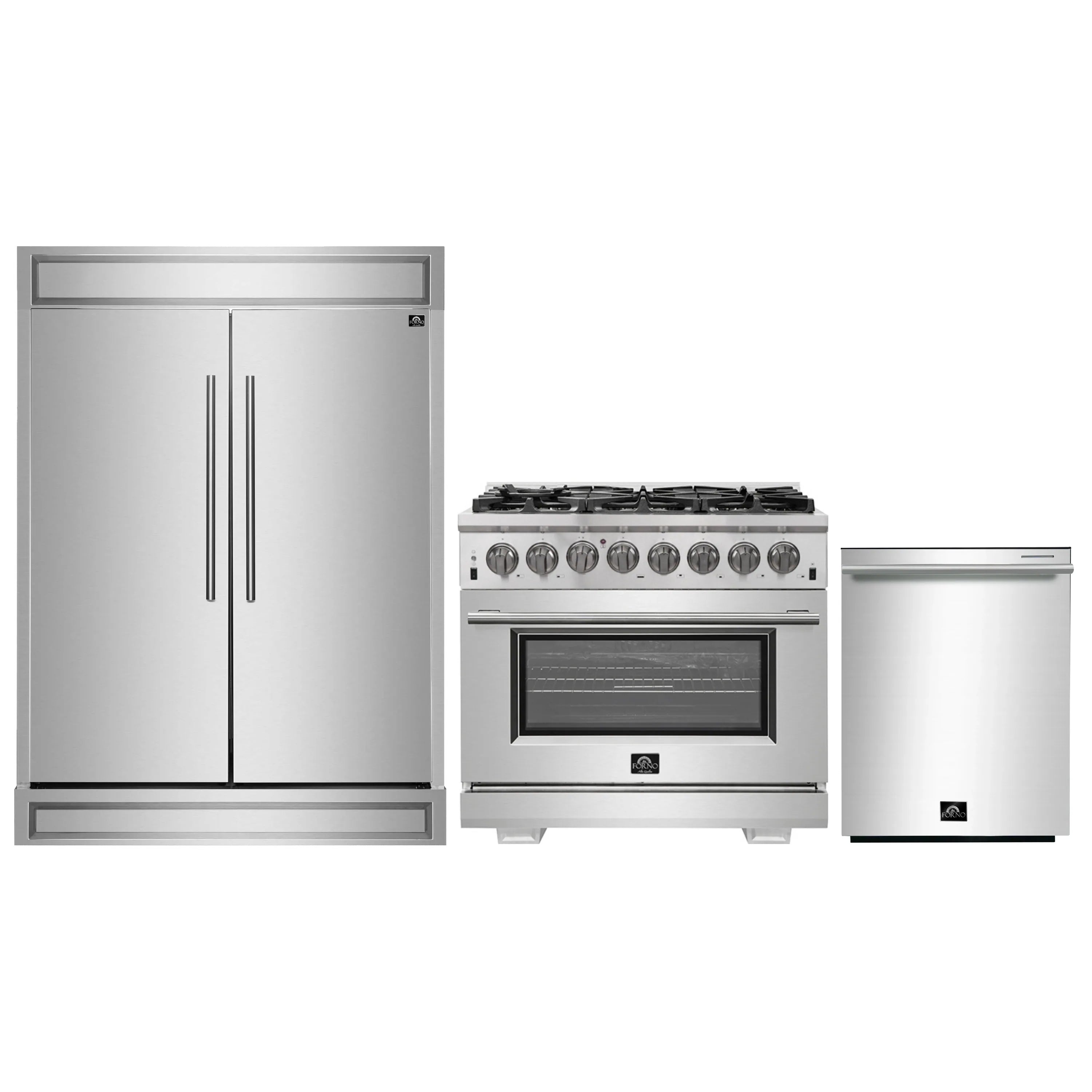 Forno 3-Piece Pro Appliance Package - 36-Inch Dual Fuel Range, Pro-Style Refrigerator, and Dishwasher in Stainless Steel