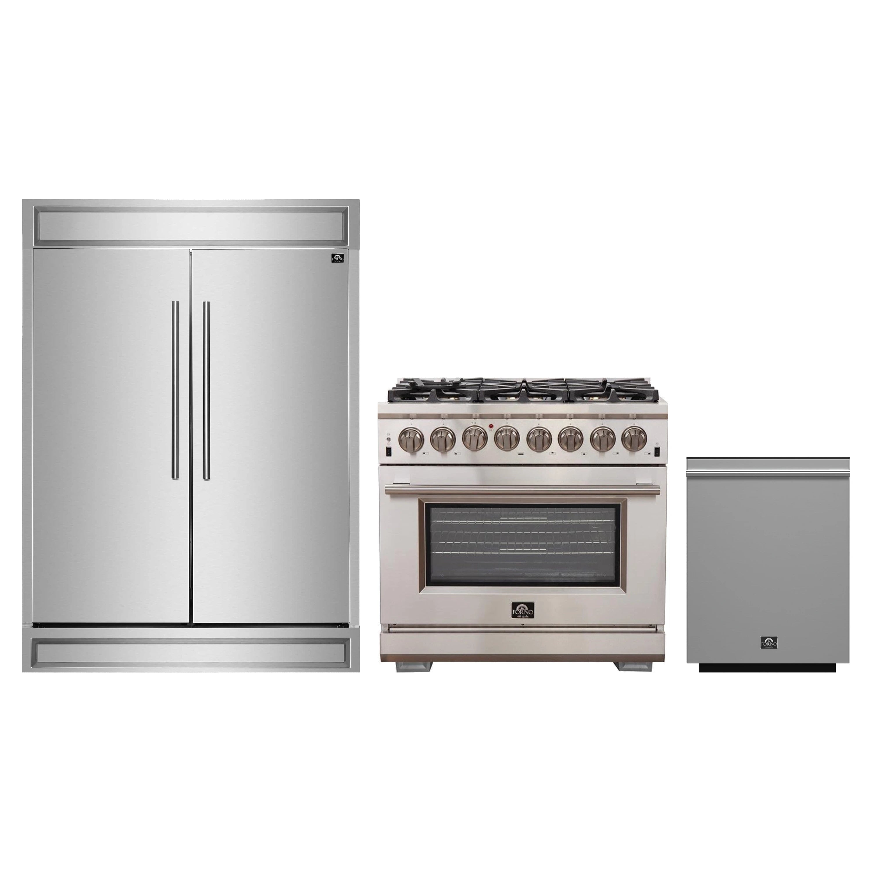 Forno 3-Piece Pro Appliance Package - 36-Inch Dual Fuel Range, Pro-Style Refrigerator, and Dishwasher in Stainless Steel
