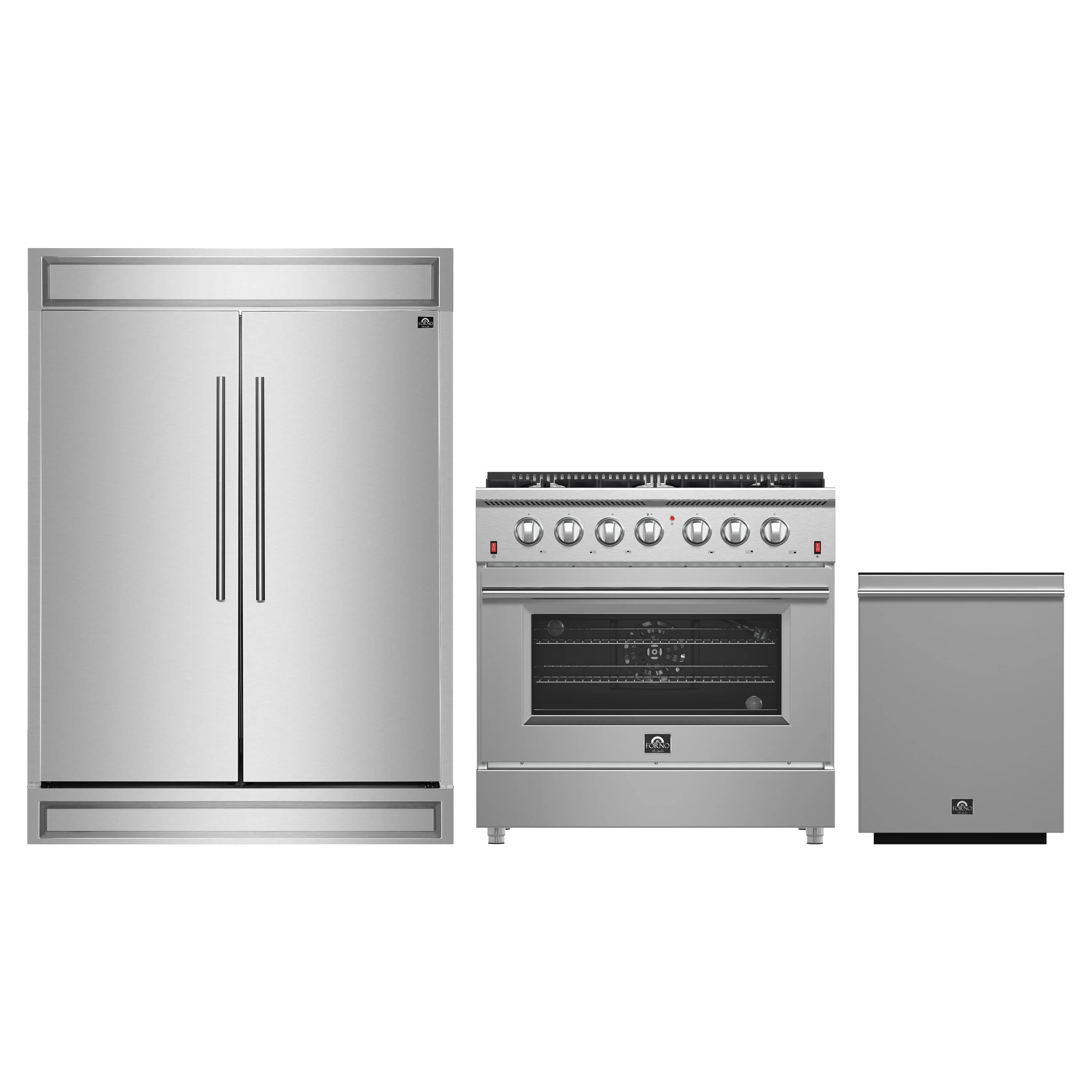 Forno 3-Piece Appliance Package - 36-Inch Gas Range, Pro-Style Refrigerator, and Dishwasher in Stainless Steel