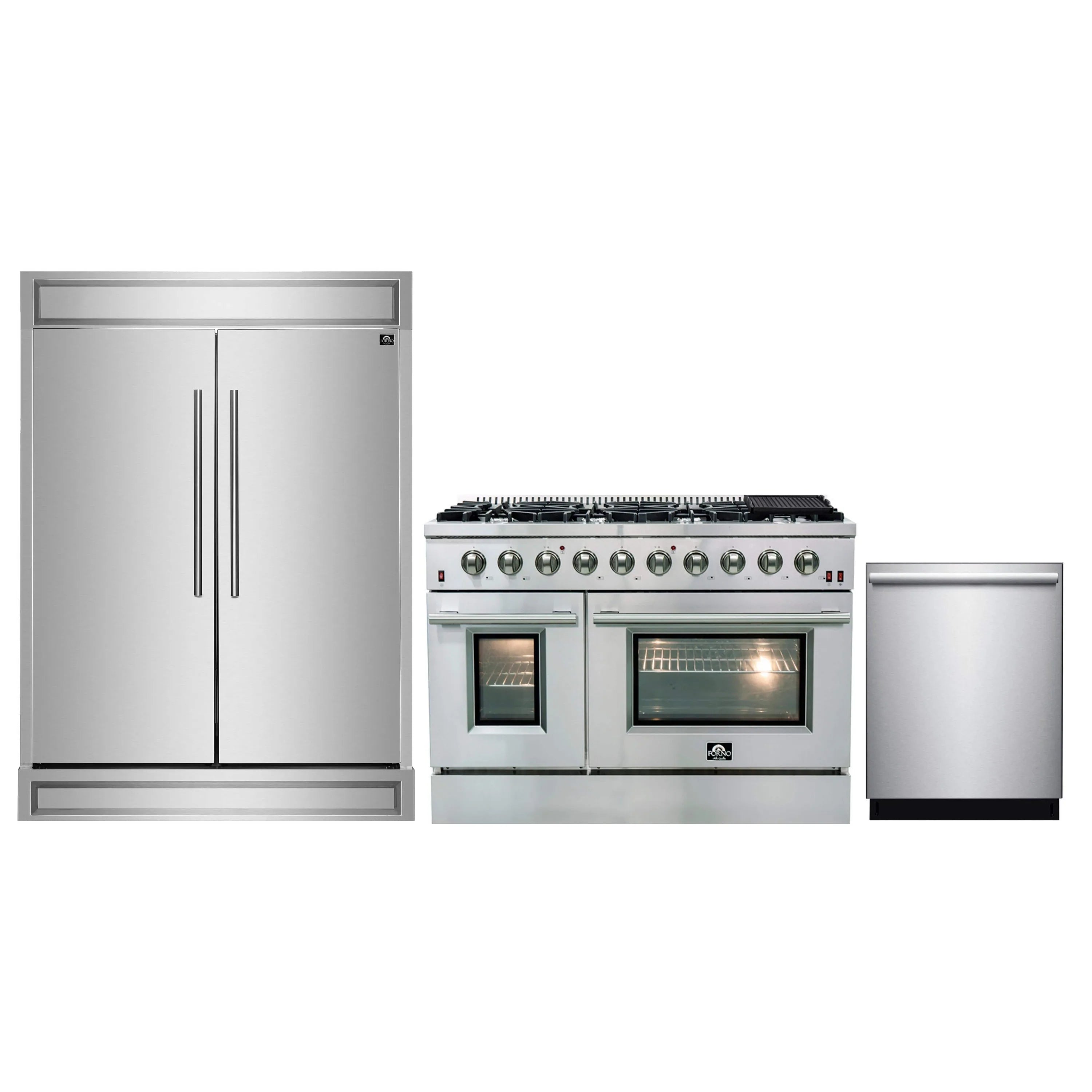 Forno 3-Piece Appliance Package - 48-Inch Gas Range, Pro-Style Refrigerator, and Dishwasher in Stainless Steel
