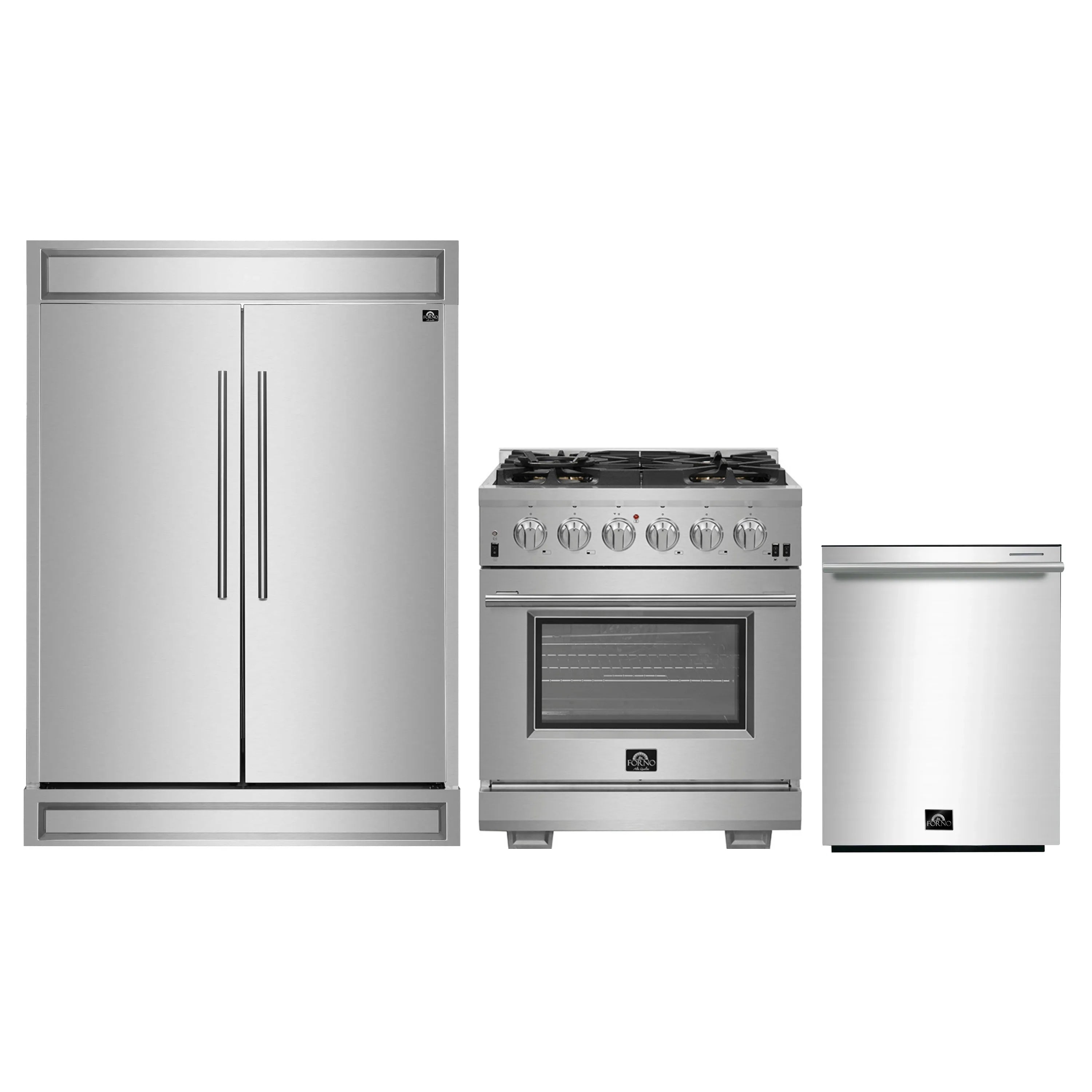 Forno 3-Piece Pro Appliance Package - 30-Inch Gas Range, Pro-Style Refrigerator, and Dishwasher in Stainless Steel