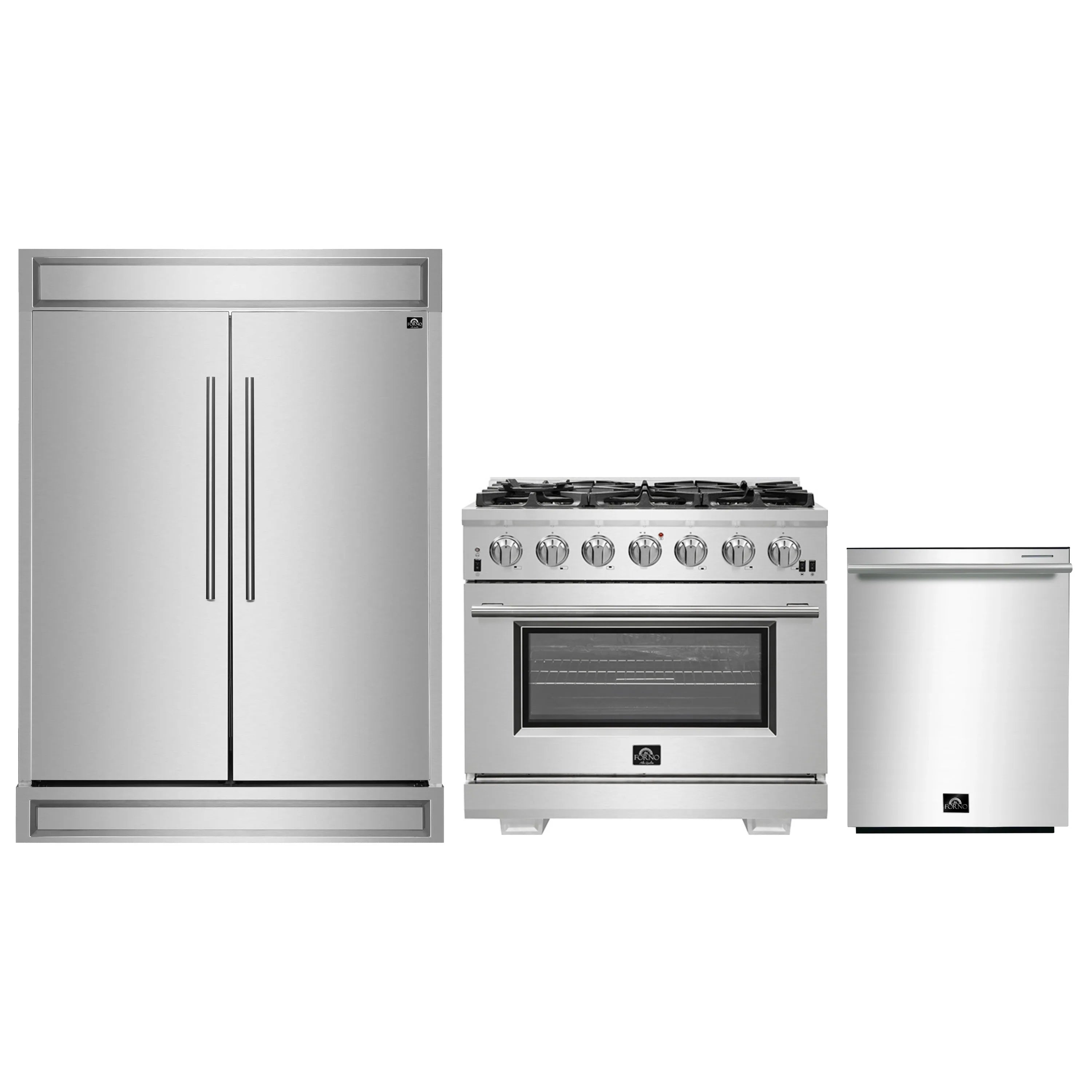 Forno 3-Piece Pro Appliance Package - 36-Inch Gas Range, Pro-Style Refrigerator, and Dishwasher in Stainless Steel