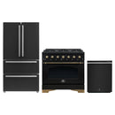 Forno Antico 3-Piece Appliance Package - 36-Inch Dual Fuel Range, 36-Inch Refrigerator, & 24-Inch Dishwasher in Black with Antique Brass Trim