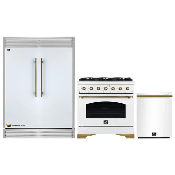 Forno 3-Piece Appliance Package - 36-Inch Antico Dual Fuel Range, 60-Inch Refrigerator, Dishwasher in White with Antique Brass Handle