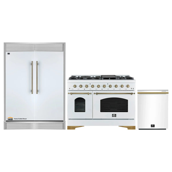 Forno 3-Piece Appliance Package - 48-Inch Antico Dual Fuel Range, 60-Inch Refrigerator, Dishwasher in White with Antique Brass Handle
