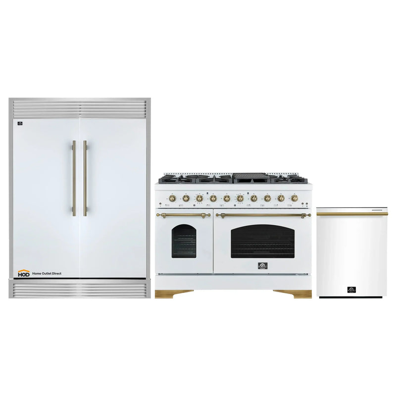 Forno 3-Piece Appliance Package - 48-Inch Antico Dual Fuel Range, 60-Inch Refrigerator, Dishwasher in White with Antique Brass Handle