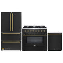 Forno Galiano 3-Piece Appliance Package - 36-Inch Dual Fuel Range, 36-Inch Refrigerator, & 24-Inch Dishwasher in Black with Antique Brass Trim