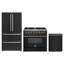 Forno Galiano 3-Piece Appliance Package - 36-Inch Dual Fuel Range, 36-Inch Refrigerator, & 24-Inch Dishwasher in Black with Antique Brass Trim