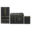 Forno Galiano 3-Piece Appliance Package - 48-Inch Dual Fuel Range, 36-Inch Refrigerator, & 24-Inch Dishwasher in Black with Antique Brass Trim