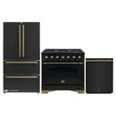 Forno Antico 3-Piece Appliance Package - 36-Inch Gas Range, 36-Inch Refrigerator, & 24-Inch Dishwasher in Black with Antique Brass Trim
