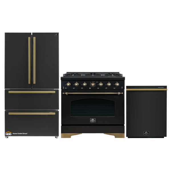 Forno Antico 3-Piece Appliance Package - 36-Inch Gas Range, 36-Inch Refrigerator, & 24-Inch Dishwasher in Black with Antique Brass Trim