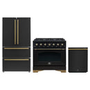 Forno Antico 3-Piece Appliance Package - 36-Inch Gas Range, 36-Inch Refrigerator, & 24-Inch Dishwasher in Black with Antique Brass Trim