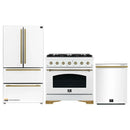 Forno Antico 3-Piece Appliance Package - 36-Inch Gas Range, 36-Inch Refrigerator, & 24-Inch Dishwasher in White with Antique Brass Trim