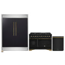 Forno 3-Piece Appliance Package - 48-Inch Gas Range, 60-Inch Convertible Refrigerator with Modern Trim, and Dishwasher in Black with Antique Brass Handle