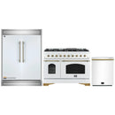 Forno 3-Piece Appliance Package - 48-Inch Gas Range, 60-Inch Refrigerator, Dishwasher in White with Antique Brass Handle