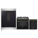 Forno 3-Piece Appliance Package - 36-Inch Gas Range, 60-Inch Convertible Refrigerator with Modern Trim, and Dishwasher in Black with Antique Brass Handle