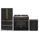 Forno Galiano 3-Piece Appliance Package - 36-Inch Gas Range, 36-Inch Refrigerator, & 24-Inch Dishwasher in Black with Antique Brass Trim