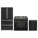 Forno Galiano 3-Piece Appliance Package - 36-Inch Gas Range, 36-Inch Refrigerator, & 24-Inch Dishwasher in Black with Antique Brass Trim
