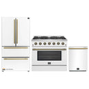 Forno Galiano 3-Piece Appliance Package - 36-Inch Gas Range, 36-Inch Refrigerator, & 24-Inch Dishwasher in White with Antique Brass Trim