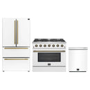 Forno Galiano 3-Piece Appliance Package - 36-Inch Gas Range, 36-Inch Refrigerator, & 24-Inch Dishwasher in White with Antique Brass Trim