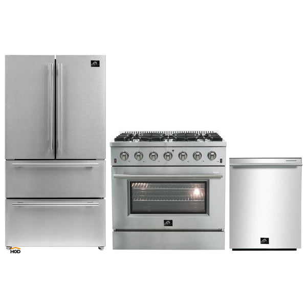 Forno 3-Piece Appliance Package - 36-Inch Galiano Gas Range, 36-Inch Refrigerator, & Dishwasher in Stainless Steel