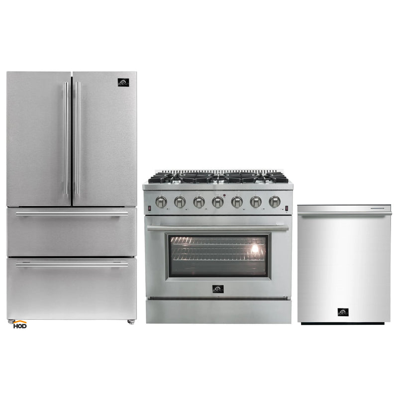 Forno 3-Piece Appliance Package - 36-Inch Galiano Gas Range, 36-Inch Refrigerator, & Dishwasher in Stainless Steel