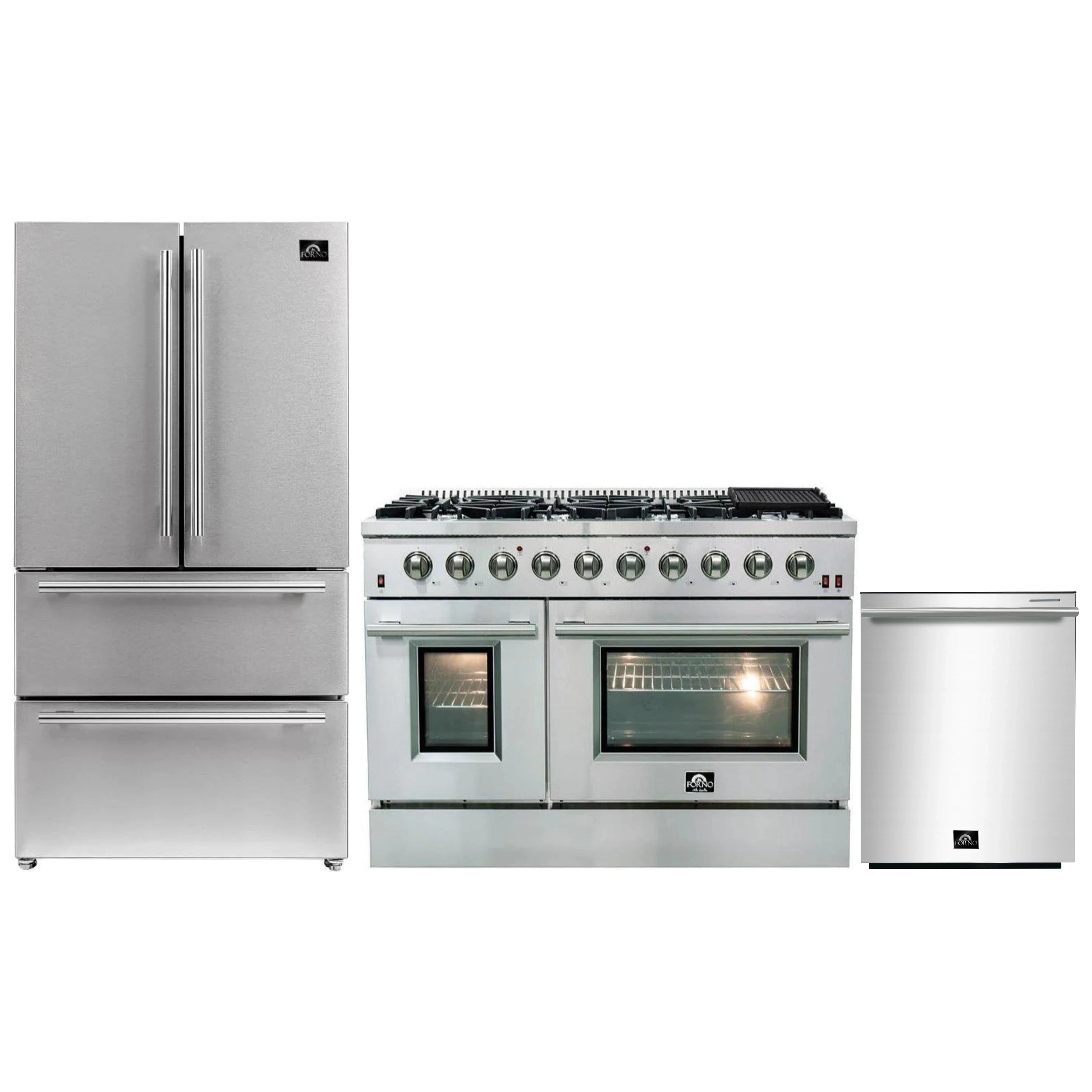 Forno 3-Piece Appliance Package - 48-Inch Gas Range, French Door Refrigerator, and Dishwasher in Stainless Steel