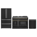 Forno Galiano 3-Piece Appliance Package - 48-Inch Gas Range, 36-Inch Refrigerator, & 24-Inch Dishwasher in Black with Antique Brass Trim