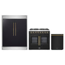 Forno 3-Piece Appliance Package - 36-Inch Galiano French Door Dual Fuel Range, 60-Inch Refrigerator, and Dishwasher in Black with Antique Brass Handle