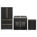 Forno 3-Piece Appliance Package - 36-Inch Galiano French Door Gas Range, 36-Inch Refrigerator, and Dishwasher in Black with Antique Brass Handle