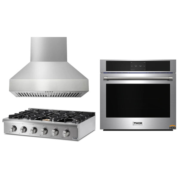 Thor Kitchen 3-Piece Pro Appliance Package - 36-Inch Rangetop with Liquid Propane Kit, Wall Oven & Pro-Style Wall Mount Hood in Stainless Steel