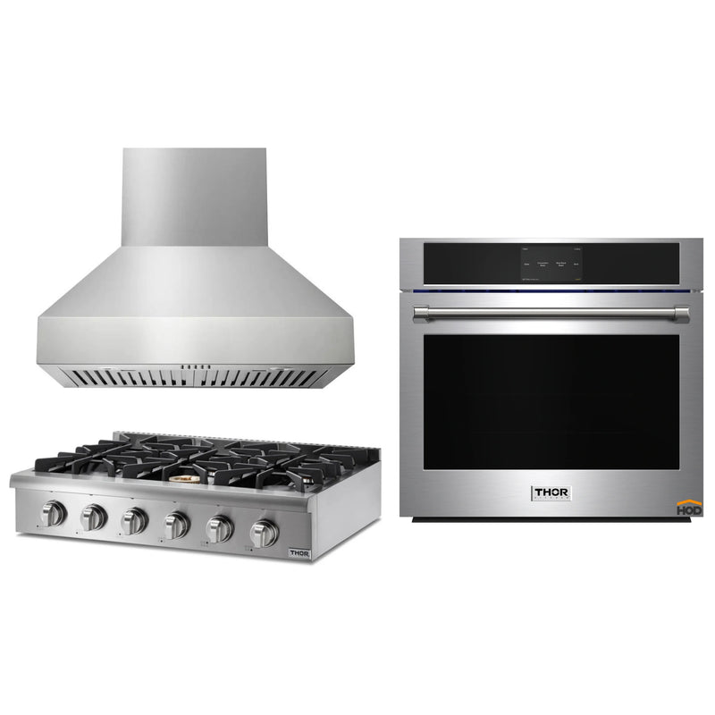 Thor Kitchen 3-Piece Pro Appliance Package - 36-Inch Rangetop with Liquid Propane Kit, Wall Oven & Pro-Style Wall Mount Hood in Stainless Steel