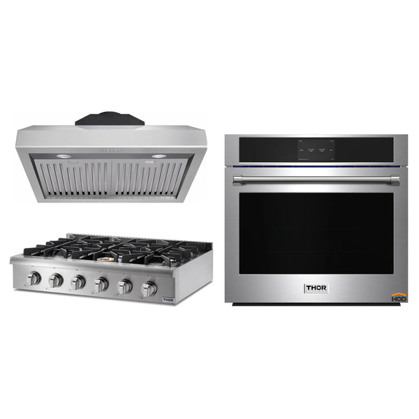 Thor Kitchen 3-Piece Pro Appliance Package - 36" Rangetop, Wall Oven & Under Cabinet Hood in Stainless Steel