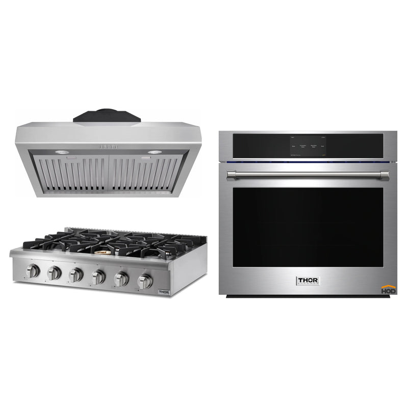 Thor Kitchen 3-Piece Pro Appliance Package - 36" Rangetop, Wall Oven & Under Cabinet Hood in Stainless Steel