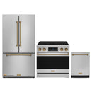 Gordon Ramsay by Thor Kitchen 3-Piece Appliance Package - 36-Inch Electric Range with Tilt Panel Touch Control, 36-Inch Refrigerator, and Dishwasher in Stainless Steel with Bronze Trim