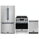Gordon Ramsay by Thor Kitchen 3-Piece Appliance Package - 30-Inch Gas Range with Liquid Propane Kit, Tilt Panel, 36-Inch Refrigerator, and Dishwasher in Stainless Steel with Blue Trim
