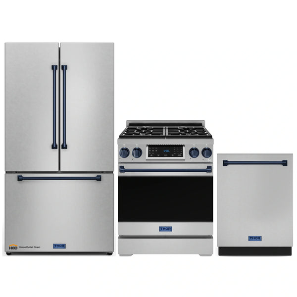 Gordon Ramsay by Thor Kitchen 3-Piece Appliance Package - 30-Inch Gas Range with Liquid Propane Kit, Tilt Panel, 36-Inch Refrigerator, and Dishwasher in Stainless Steel with Blue Trim