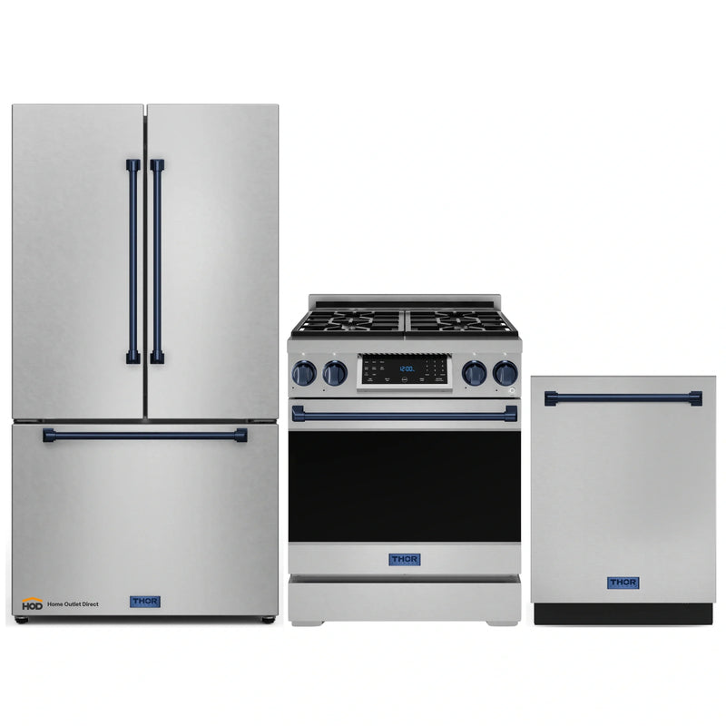 Gordon Ramsay by Thor Kitchen 3-Piece Appliance Package - 30-Inch Gas Range with Liquid Propane Kit, Tilt Panel, 36-Inch Refrigerator, and Dishwasher in Stainless Steel with Blue Trim