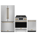 Gordon Ramsay by Thor Kitchen 3-Piece Appliance Package - 30-Inch Gas Range with Liquid Propane Kit, Tilt Panel, 36-Inch Refrigerator, and Dishwasher in Stainless Steel with Bronze Trim