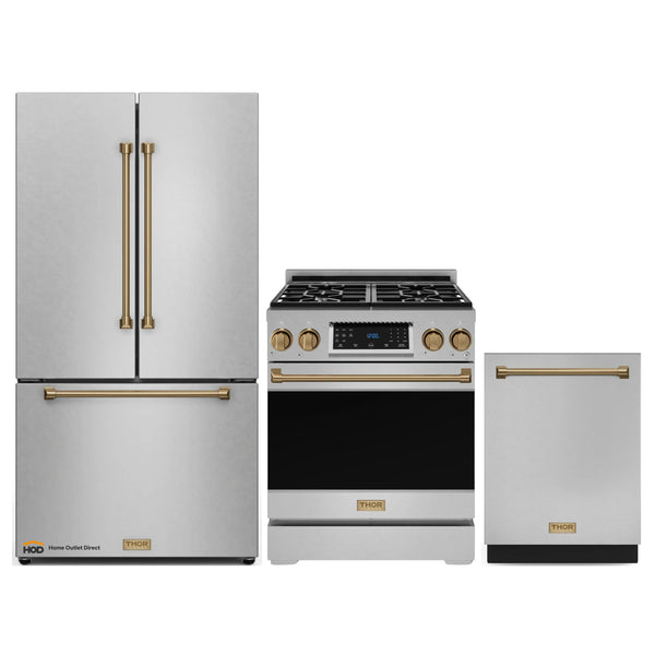 Gordon Ramsay by Thor Kitchen 3-Piece Appliance Package - 30-Inch Gas Range with Liquid Propane Kit, Tilt Panel, 36-Inch Refrigerator, and Dishwasher in Stainless Steel with Bronze Trim