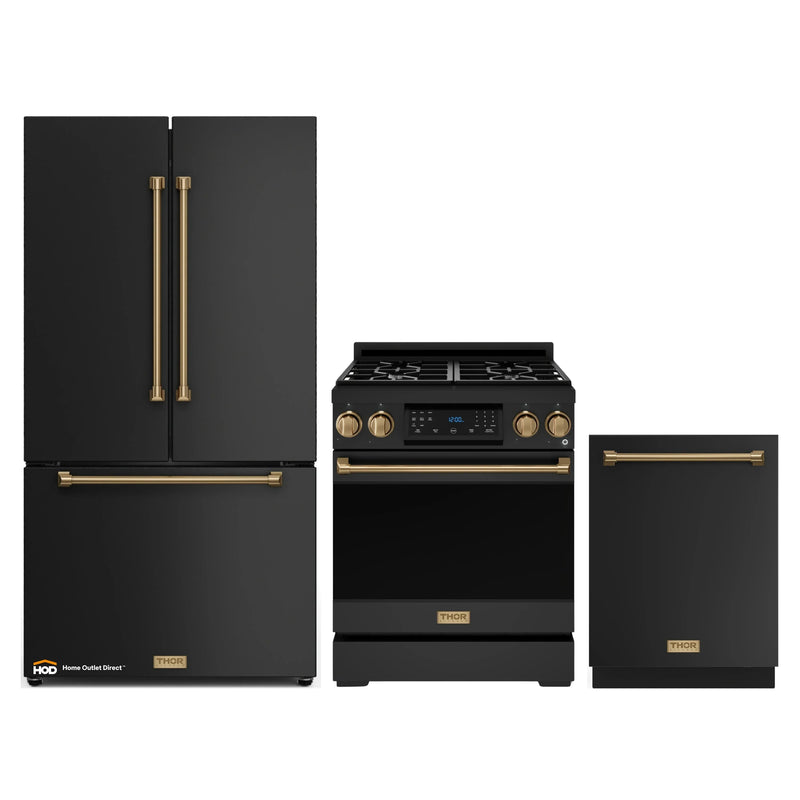 Gordon Ramsay by Thor Kitchen 3-Piece Appliance Package - 30-Inch Gas Range with Liquid Propane Kit, Tilt Panel, 36-Inch Refrigerator, and Dishwasher in Black with Bronze Trim