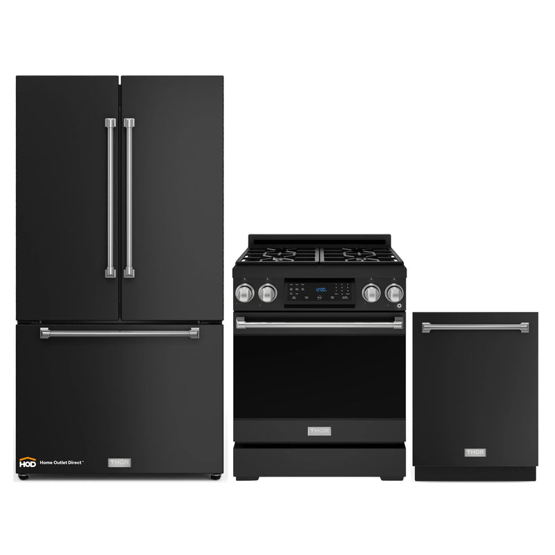 Gordon Ramsay by Thor Kitchen 3-Piece Appliance Package - 30-Inch Gas Range with Liquid Propane Kit, Tilt Panel, 36-Inch Refrigerator, and Dishwasher in Black with Stainless Steel Trim