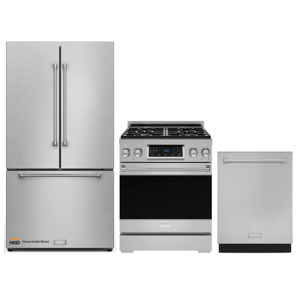 Gordon Ramsay by Thor Kitchen 3-Piece Appliance Package - 30-Inch Gas Range with Liquid Propane Kit, Tilt Panel, 36-Inch Refrigerator, and Dishwasher in Stainless Steel