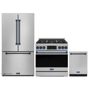 Gordon Ramsay by Thor Kitchen 3-Piece Appliance Package - 36-Inch Gas Range with Liquid Propane Kit, Tilt Panel, 36-Inch Refrigerator, and Dishwasher in Stainless Steel with Blue Trim